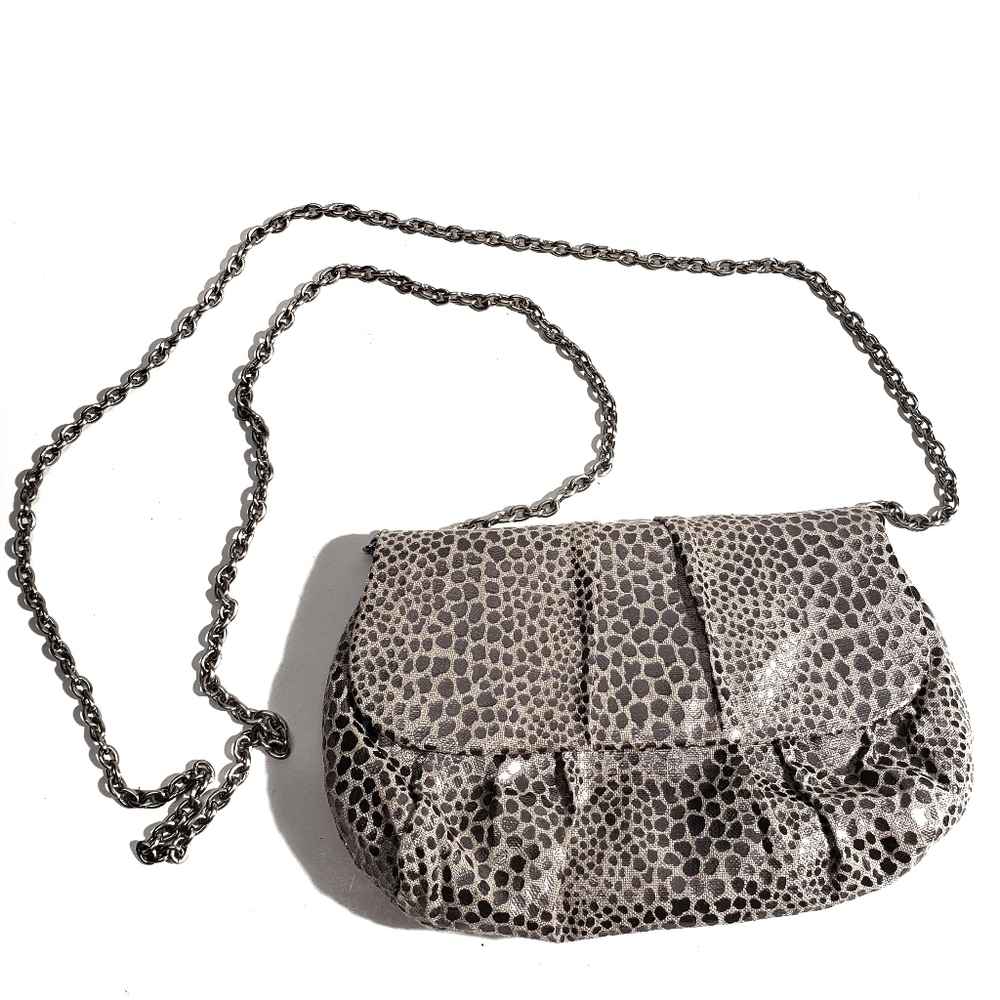 Inge Christopher Snakeskin Mini Clutch Chain‎ Strap Pleated Grey Silver